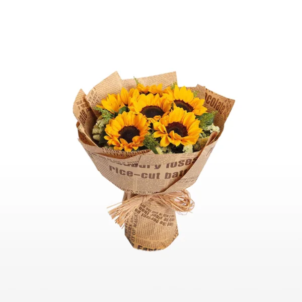 Medium bouquet of 6 sunflowers and pale-yellow 'forget-me-not' flowers wrapped in brown kraft paper