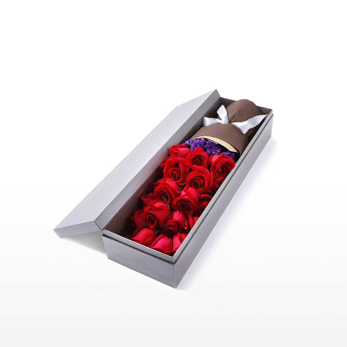 A medium bouquet of 19 red roses and purple 'forget-me-not' flowers presented in an elegant gift box