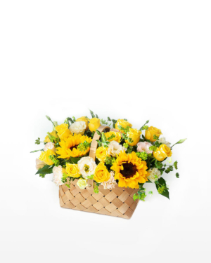 Medium assortment of sunflowers, roses, lisianthus and mixed foliage arranged in a classic hanging basket