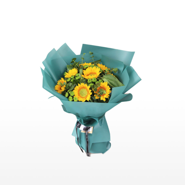 Medium bouquet of 9 sunflowers interspersed with button poms and eucalyptus leaves wrapped in quality matte paper