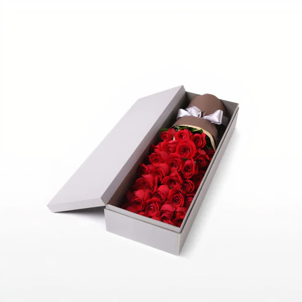 A bouquet of 33 premium red roses wrapped in quality matte paper and presented in an elegant gift box, ready to be delivered to your loved one in China.