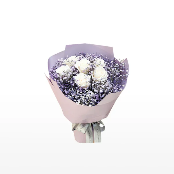 Medium bouquet of 6 white roses and purple-dyed baby's breath flowers, wrapped in quality matte paper