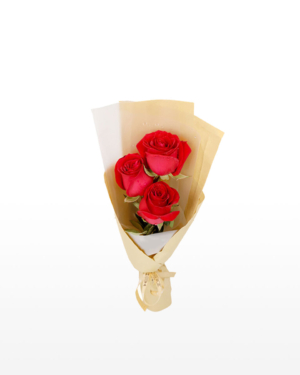 A small bouquet of 3 premium red roses wrapped in brown kraft paper