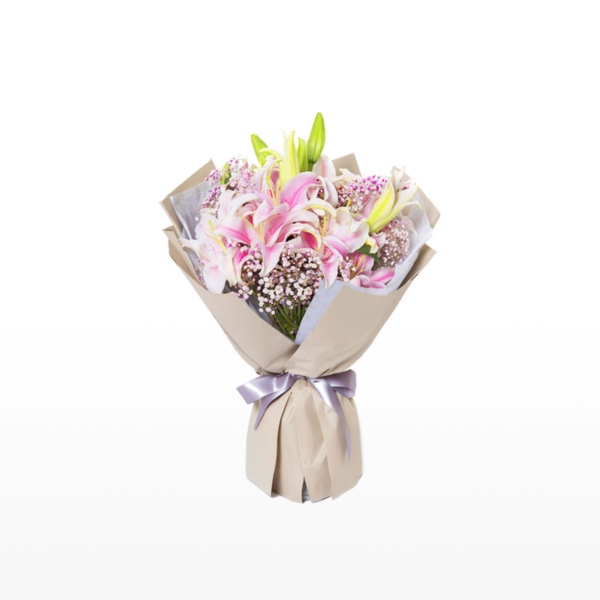 Medium bouquet of 16 pink oriental lilies and baby's breath flowers wrapped in quality matte paper