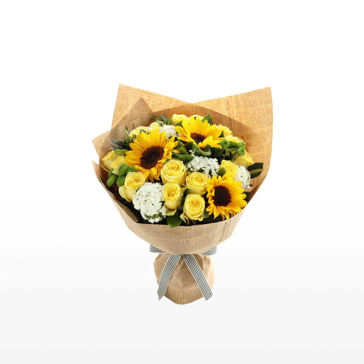 Medium bouquet of sunflowers, roses, daisies, dianthus and gardenia leaves wrapped in brown kraft paper