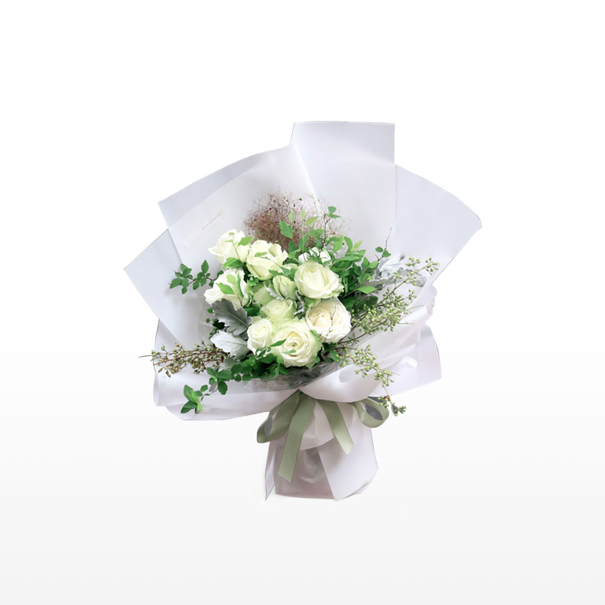 Medium bouquet of 9 white roses and seasonal green flowers wrapped in quality matte paper