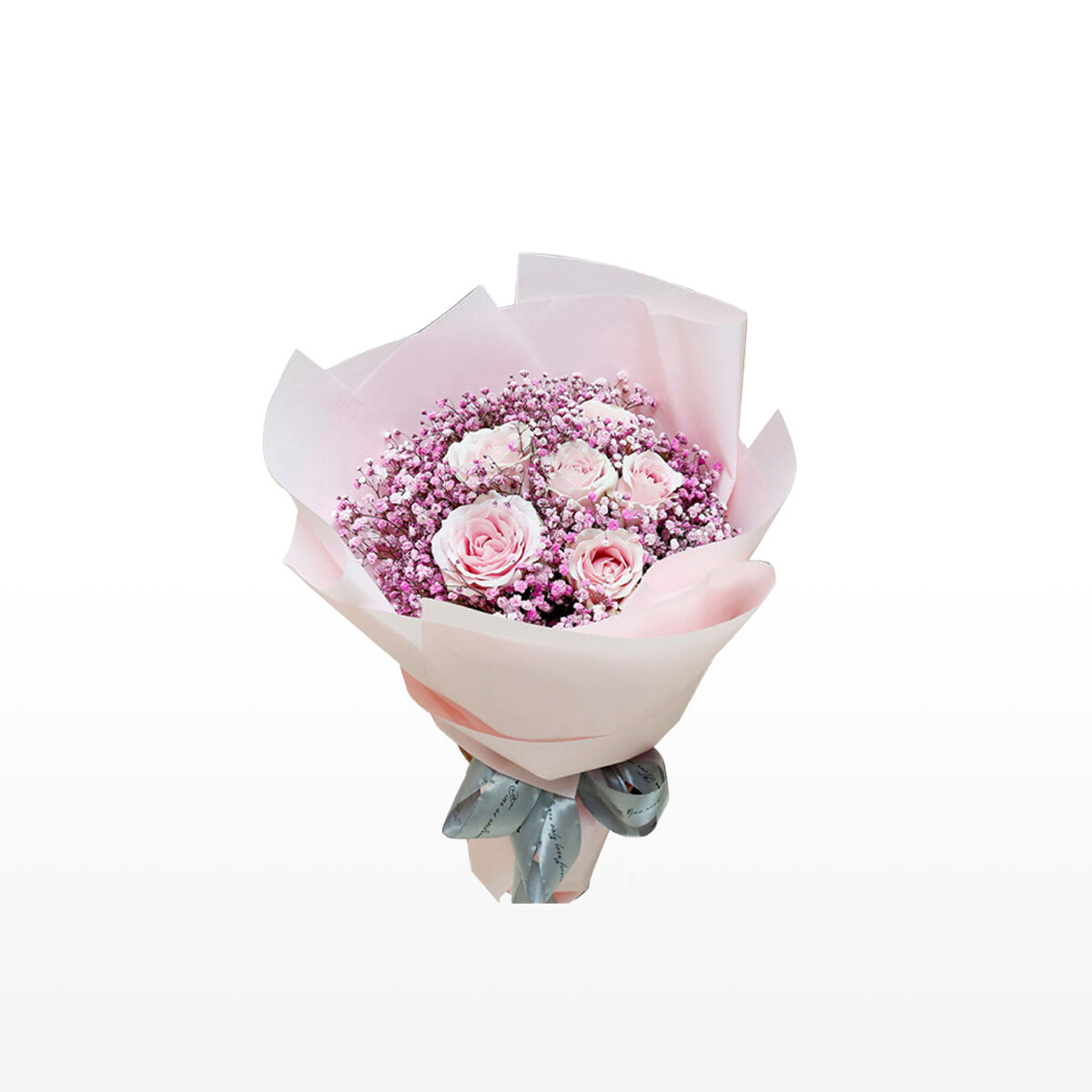 Medium bouquet of 6 pink roses and baby's breath flowers wrapped in quality matte paper