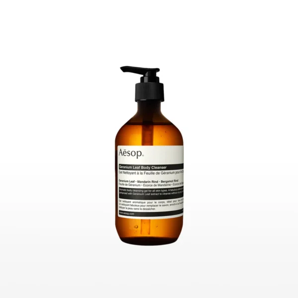 Image of a 500ml Aesop Geranium Leaf Body Cleanser, an ideal botanical skincare gift for recipients in China.