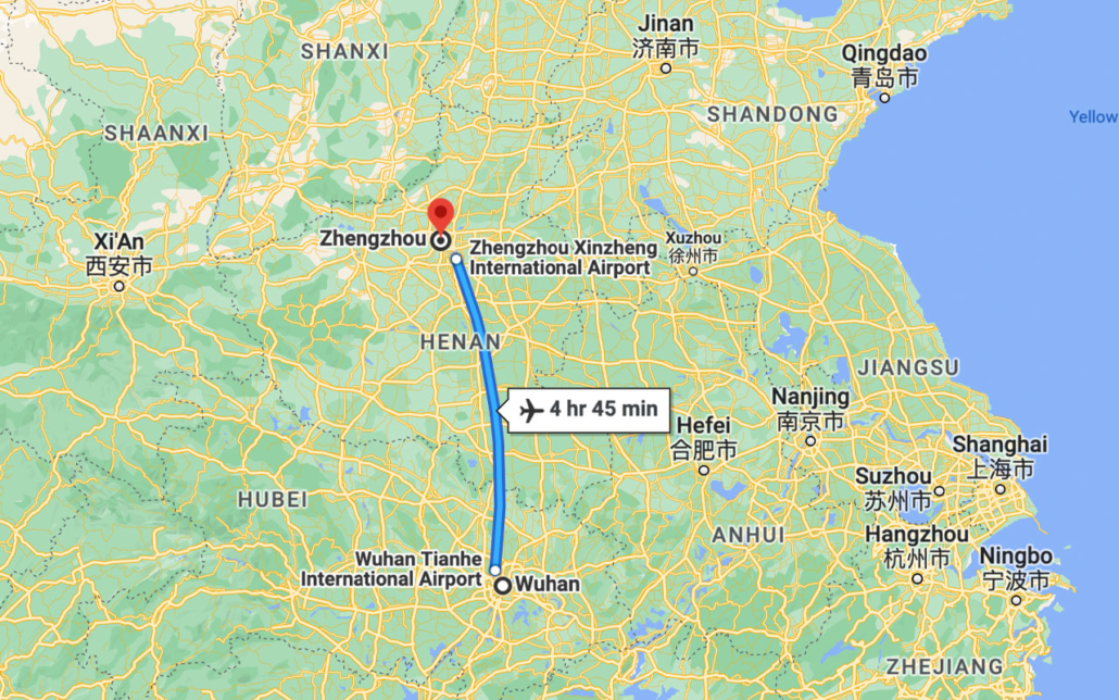 Wuhan to Zhengzhou in Google Map. 