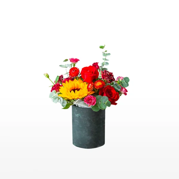 Flower Delivery China: Bouquet of sunflowers, roses, lisianthus, and eucalyptus in elegant gift box.